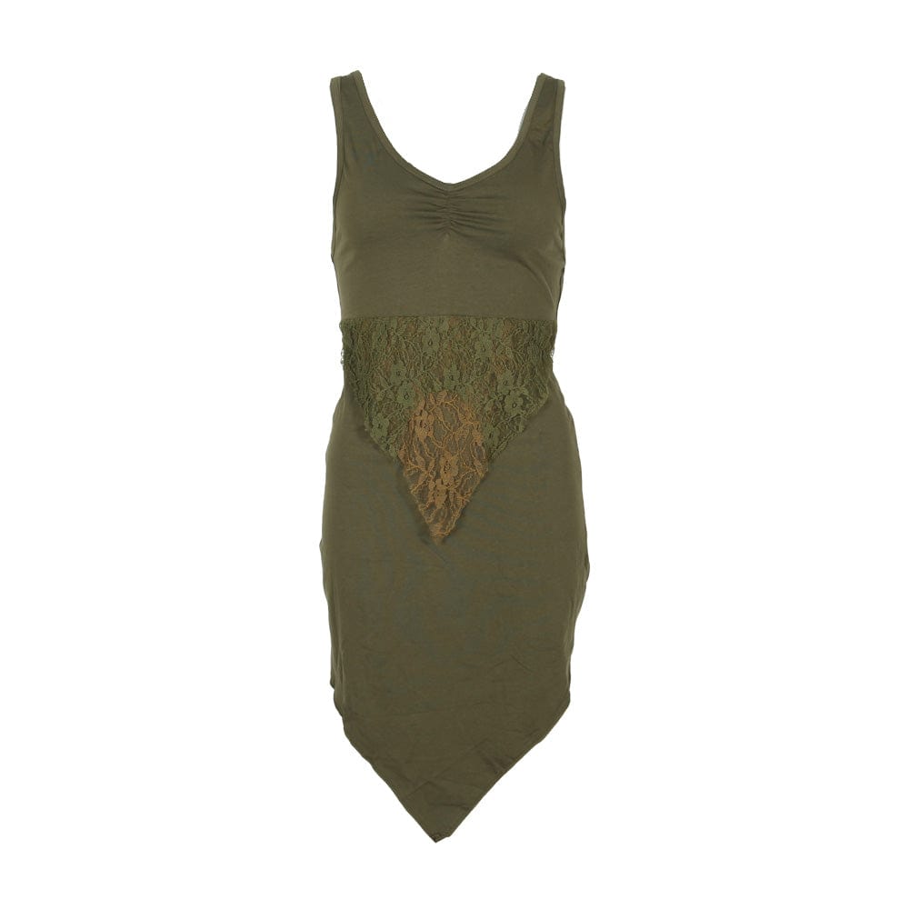 Olive green halter neck dress with lace accents and a unique pointed hem, designed for versatility in both casual and formal settings.