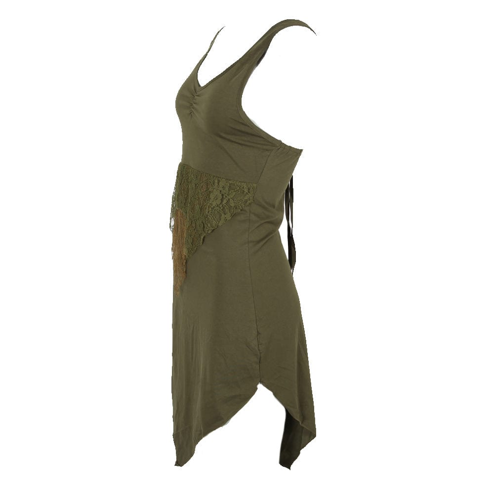 A stylish display of the olive green halter neck dress with lace and pointed hem, exemplifying contemporary fashion and elegance.