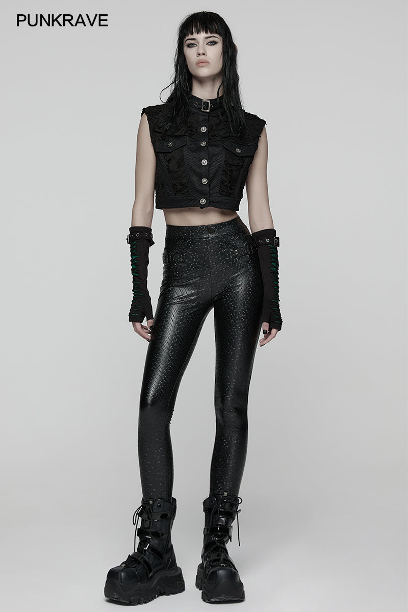 Elegant Punk Rave Ravenna Leggings showcasing a high-rise silhouette in a luxurious black prism finish with intricate buckle detailing.