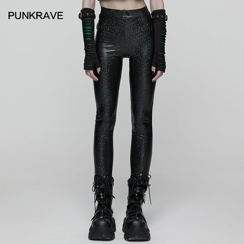 Model displaying the high-waisted Punk Rave Ravenna Leggings, complemented by functional back patch pockets and a striking prism effect with light reflections.