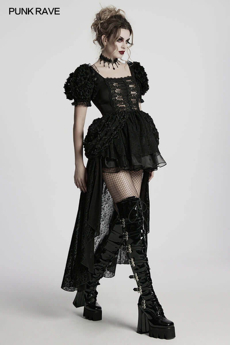 Luxurious view of the Punk Rave Lolita Sweet Dress featuring intricate 3D embroidered lace and charming bubble sleeves, perfect for a whimsical and elegant style.