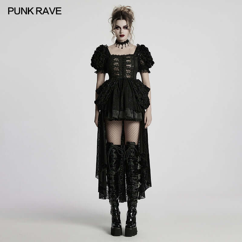 Elegant Punk Rave Lolita sweet dress featuring exquisite 3D embroidered lace, romantic bubble sleeves, and intricate floral details, perfect for a whimsical and luxurious wardrobe.