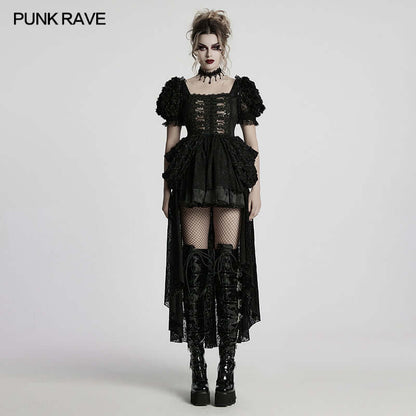 Elegant Punk Rave Lolita sweet dress featuring exquisite 3D embroidered lace, romantic bubble sleeves, and intricate floral details, perfect for a whimsical and luxurious wardrobe.