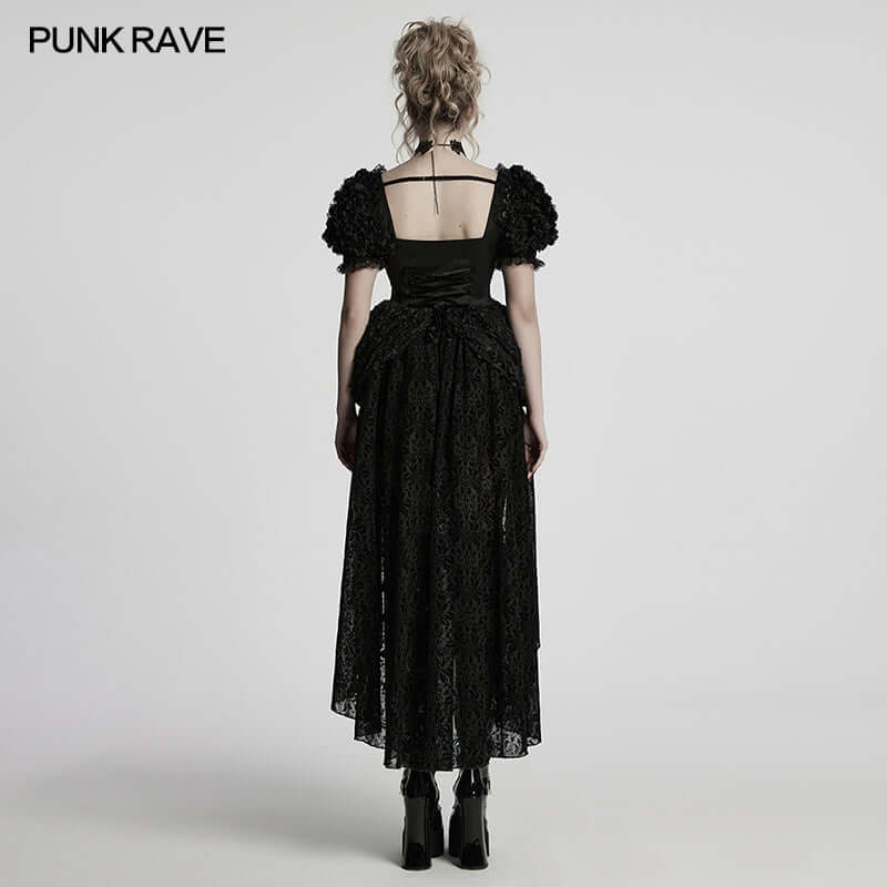 Display of the square neckline of the Punk Rave Lolita Sweet Dress, highlighting the enchanting 3D lace and flattering silhouette ideal for special occasions.