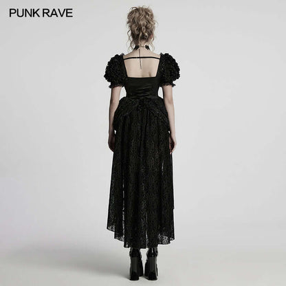 Display of the square neckline of the Punk Rave Lolita Sweet Dress, highlighting the enchanting 3D lace and flattering silhouette ideal for special occasions.