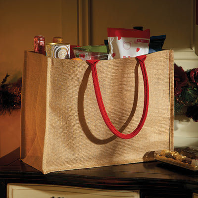 Elegant laminated jute shopping bag in stylish design with cotton handles, showcasing 8 vibrant colour options, ideal for eco-conscious shopping.