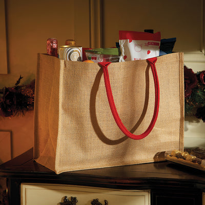 Chic laminated jute bag with cotton handles, demonstrating versatility in 8 fashionable colours, designed for a 21L carrying capacity.