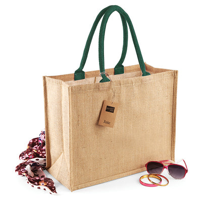Chic laminated jute shopping tote with cotton handles, highlighting its generous 21L capacity and unique design, offered in a selection of eight stunning colours.