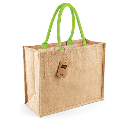 Sophisticated laminated jute shopping bag adorned with cotton handles, featuring dimensions of 42x33x19cm, perfect for stylish shopping, available in eight exquisite colours.