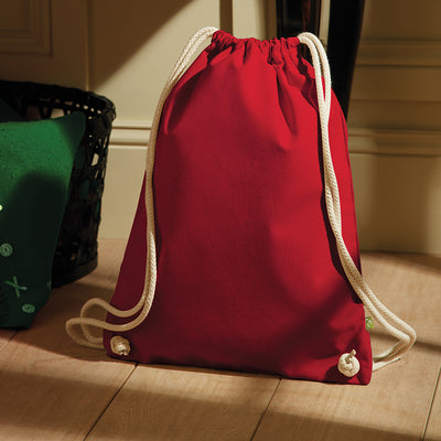 Elegant Premium Earthaware Organic Gymsac showcasing its high-quality heavyweight fabric, 32 x 42cm print area for custom embroidery, perfect for the environmentally conscious consumer.