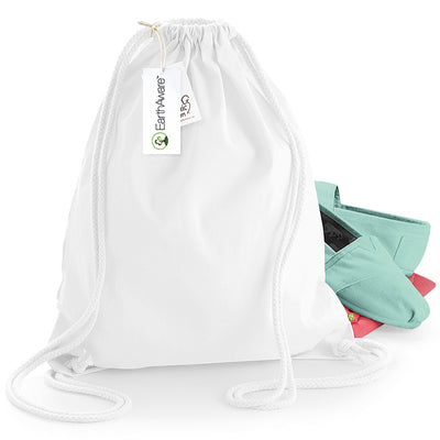 Earthaware Organic Gymsac with detailed embroidery area dimensions, combining practicality with elegance in eco-friendly accessories.