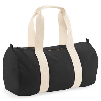 Elegant Luxury Organic Cotton Barrel Bag in natural cotton, with zippered closure, showcasing durability and premium craftsmanship, dimensions 50x25x25cm.