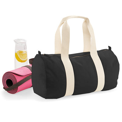 Stylish Luxury Organic Cotton Barrel Bag featuring robust webbing carry handles, perfect for versatile use, holding up to 20 litres.