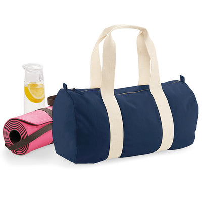 Close-up of Luxury Organic Cotton Barrel Bag detailing high-quality Control Union certified cotton fabric, emphasizing eco-friendly luxury.