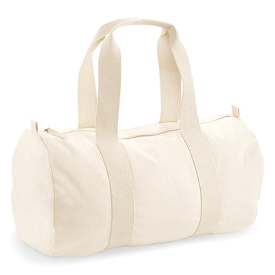 Luxury Organic Cotton Barrel Bag in elegant design, dimensions 50x25x25cm, showcasing zippered closure and durable webbing carry handles.