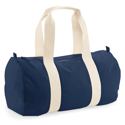 Stylish Luxury Organic Cotton Barrel Bag displayed in a chic setting, perfect for travel or gym use with a 20L capacity.