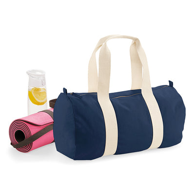 Luxury Organic Cotton Barrel Bag featuring front embroidery areas, dimensions specified for custom branding.