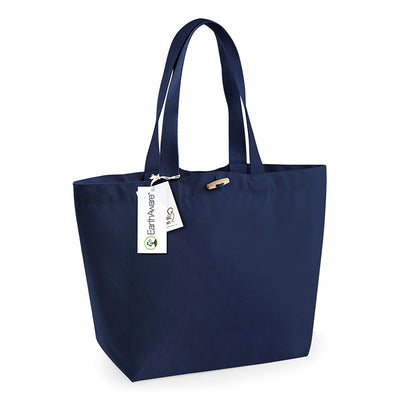 Luxury Earthaware Organic Marina Tote Bag made from eco-friendly cotton, featuring a natural wooden toggle closure and sturdy webbing carry handles.