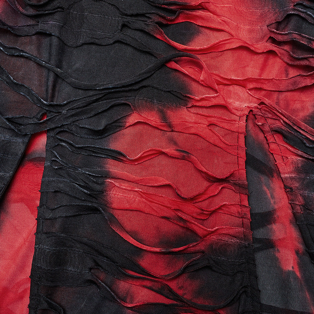 Model wearing the Punk Rave Ebril distressed red and black maxi dress, illustrating its flattering silhouette and high splits for a dramatic look.