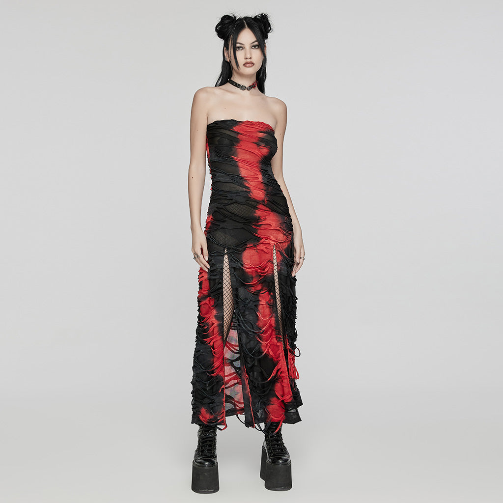 Elegant Punk Rave Ebril distressed maxi dress in red and black showcasing high splits for a chic edgy style.