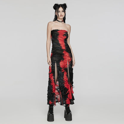 Elegant Punk Rave Ebril distressed maxi dress in red and black showcasing high splits for a chic edgy style.