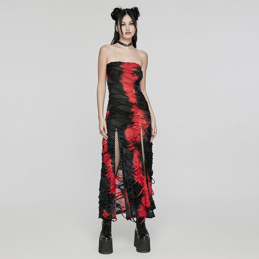 Elegant Punk Rave Ebril distressed maxi dress in red and black showcasing high splits for a chic edgy style.