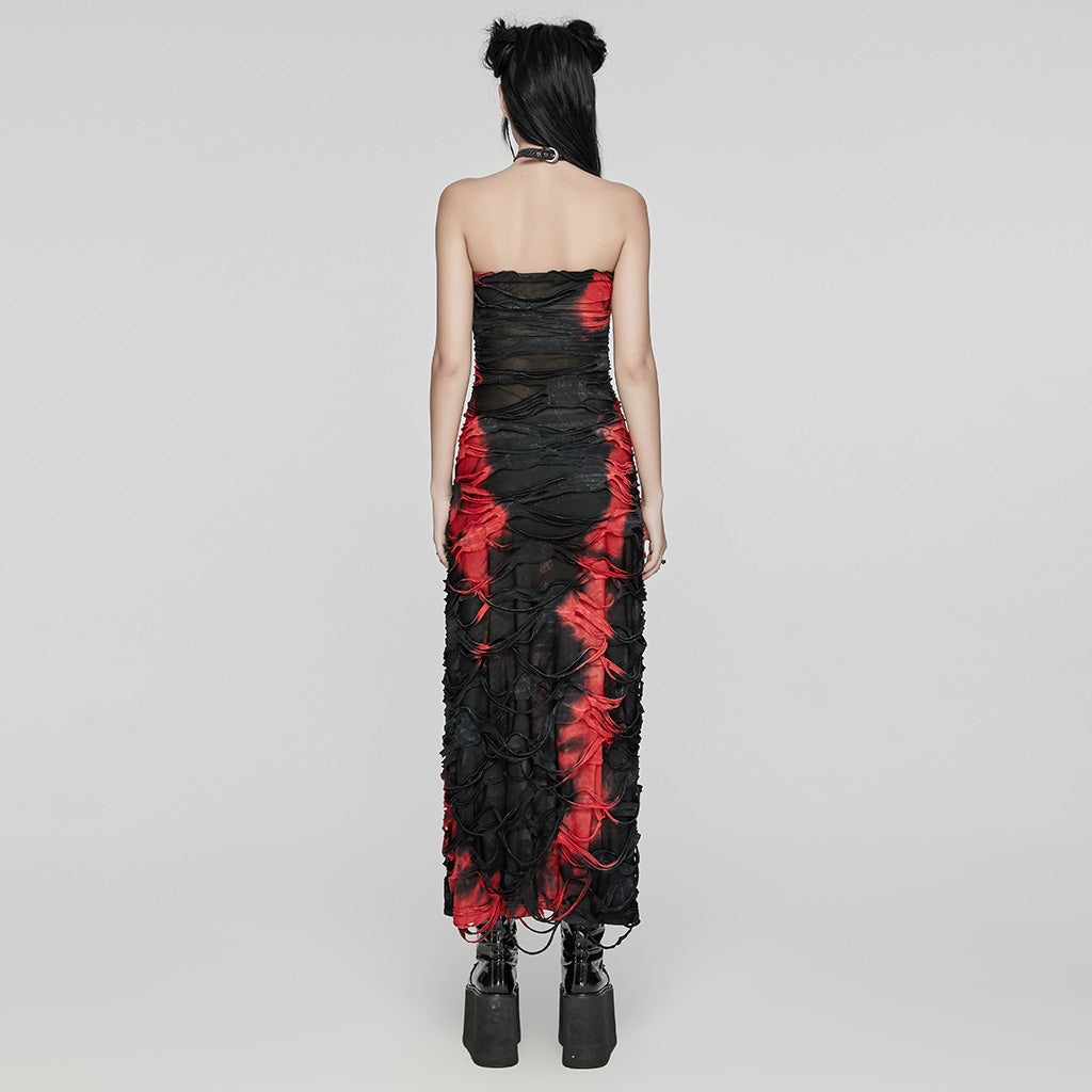 Dynamic view of the Punk Rave Ebril maxi dress in red and black, ideal for punk-inspired elegance.