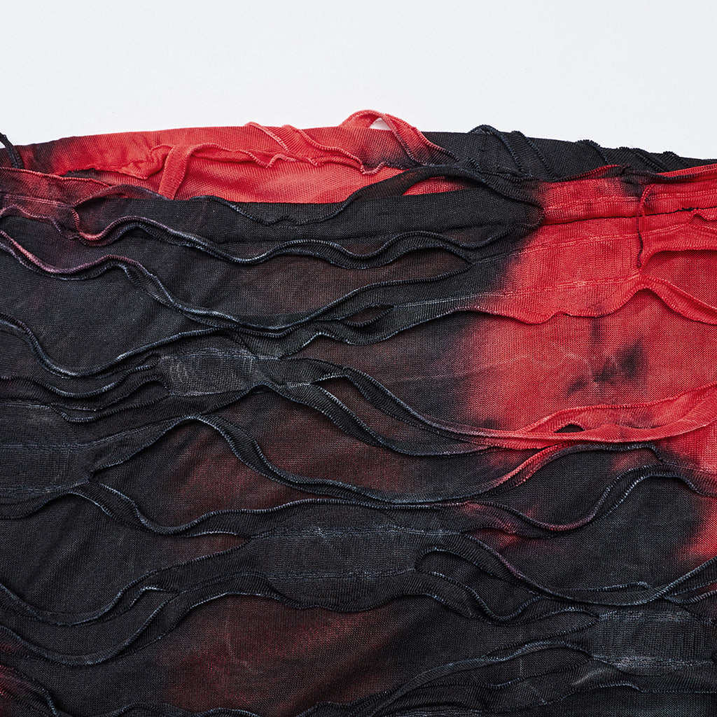 Full length display of the Punk Rave Ebril distressed maxi dress, capturing its striking red and black colours and punk-inspired aesthetic.