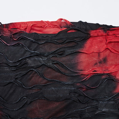 Full length display of the Punk Rave Ebril distressed maxi dress, capturing its striking red and black colours and punk-inspired aesthetic.