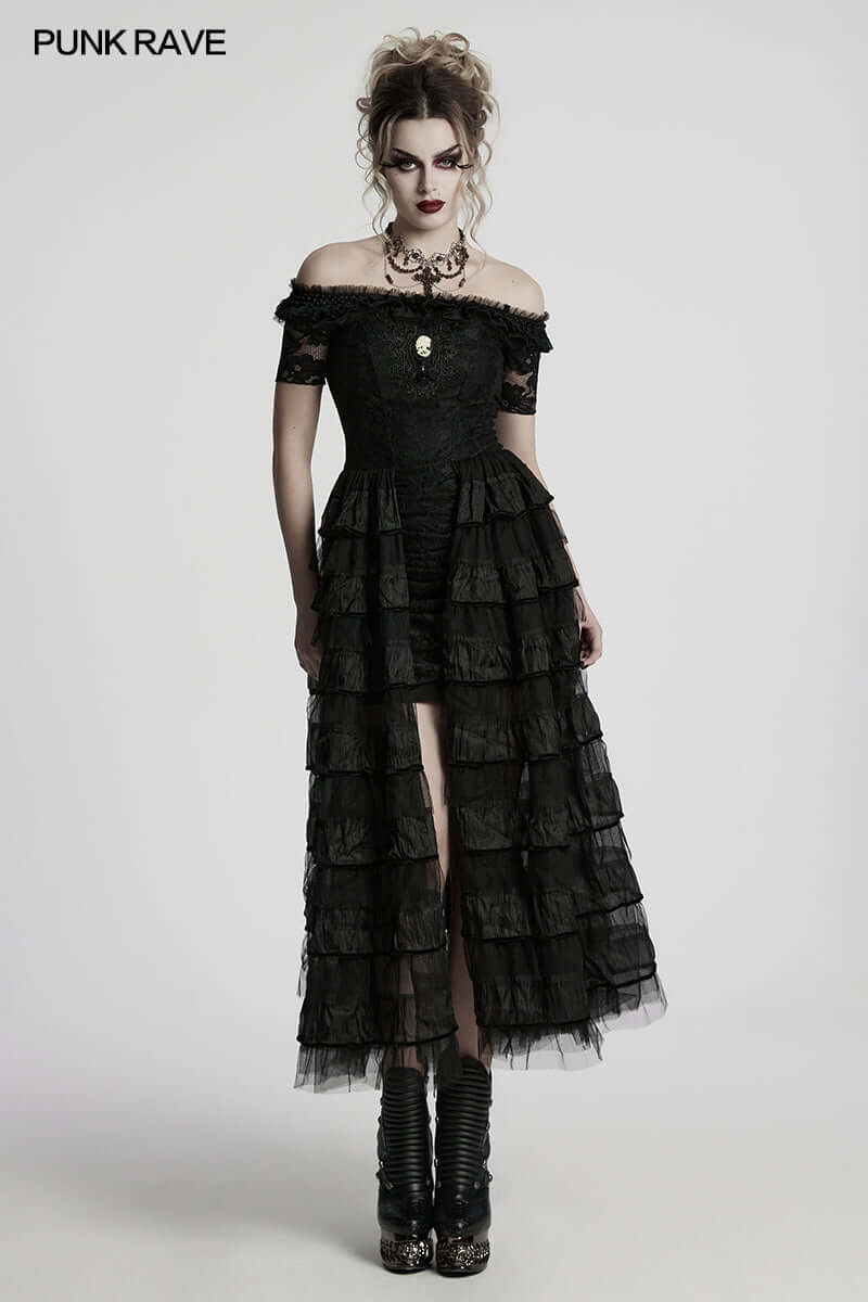 Luxury Punk Rave Penelope Steampunk Lace Dress featuring elegant ruffled chiffon mesh, intricate Gothic skull detail, and a romantic lace collar, perfect for stylish rebel attire.
