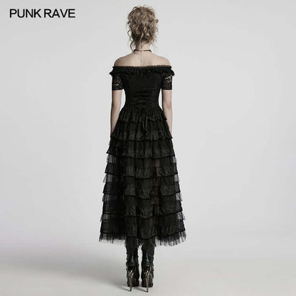Model showcasing the voluminous pleated skirt and playful ruffled mesh of the Punk Rave Penelope Steampunk Lace Dress in a bold pose, exuding confidence and style.