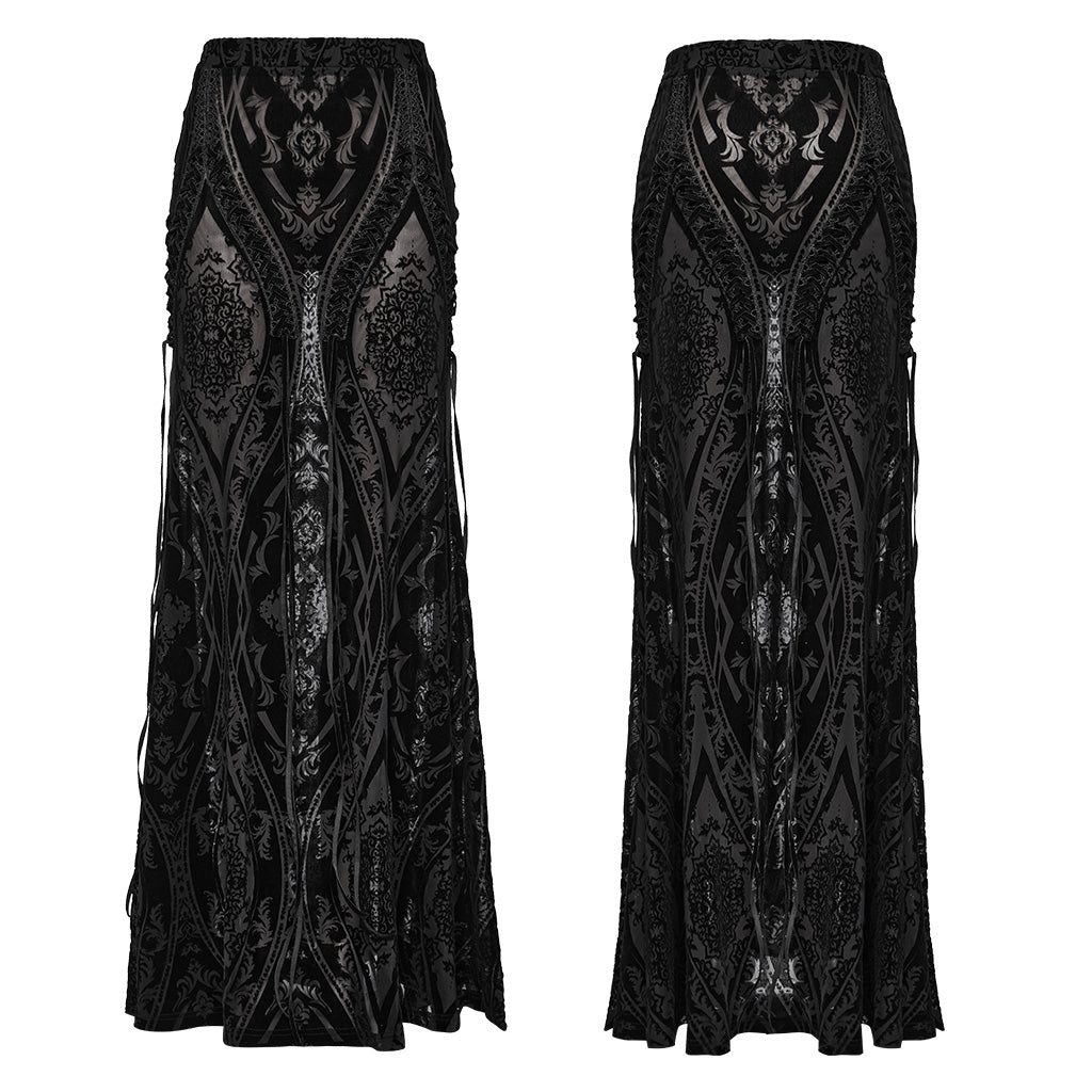 Elegant Punk Rave Konstantina Velvet Maxi Skirt featuring intricate ribbon lacing and a chic burnout design, perfect for a gothic-inspired wardrobe.