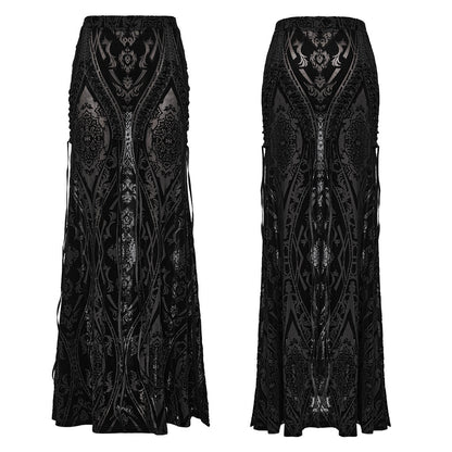 Elegant Punk Rave Konstantina Velvet Maxi Skirt featuring intricate ribbon lacing and a chic burnout design, perfect for a gothic-inspired wardrobe.