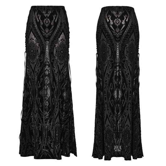 Elegant Punk Rave Konstantina Velvet Maxi Skirt featuring intricate ribbon lacing and a chic burnout design, perfect for a gothic-inspired wardrobe.
