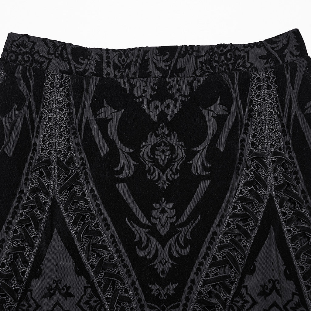 Close-up of the luxurious velvet fabric of the Punk Rave Konstantina Maxi Skirt, showcasing the unique burnout pattern and sophisticated texture.