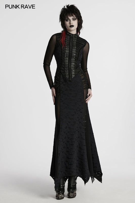 Close-up of the corset-style lace-up back of the Punk Rave Seraphine maxi dress, highlighting intricate lace and spike embellishments for a perfect fit.