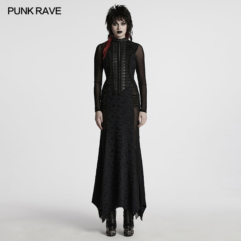 Punk Rave Seraphine black maxi dress featuring a dramatic spinal lace panel and elegant pleated front, showcasing gothic style for a luxurious look.