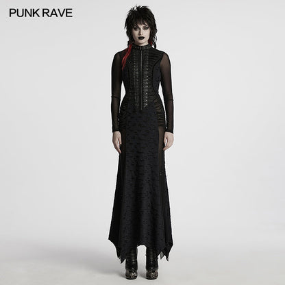 Punk Rave Seraphine black maxi dress featuring a dramatic spinal lace panel and elegant pleated front, showcasing gothic style for a luxurious look.