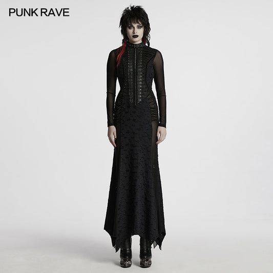 Punk Rave Seraphine black maxi dress featuring a dramatic spinal lace panel and elegant pleated front, showcasing gothic style for a luxurious look.