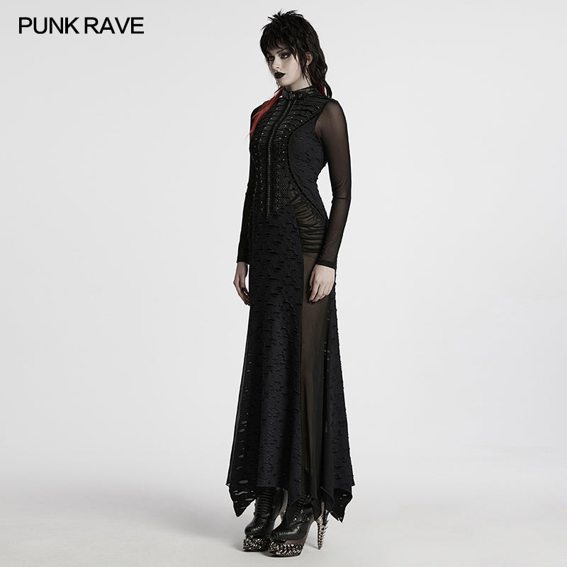 Elegant full-length view of the Punk Rave Seraphine black maxi dress with high neck and invisible back zipper, ideal for gothic and steampunk occasions.