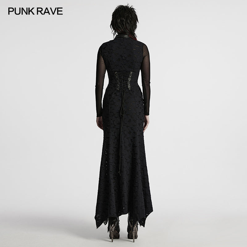 Punk Rave Seraphine Black Maxi Dress showcasing stunning spinal lace panel and corset back for a dramatic gothic look.