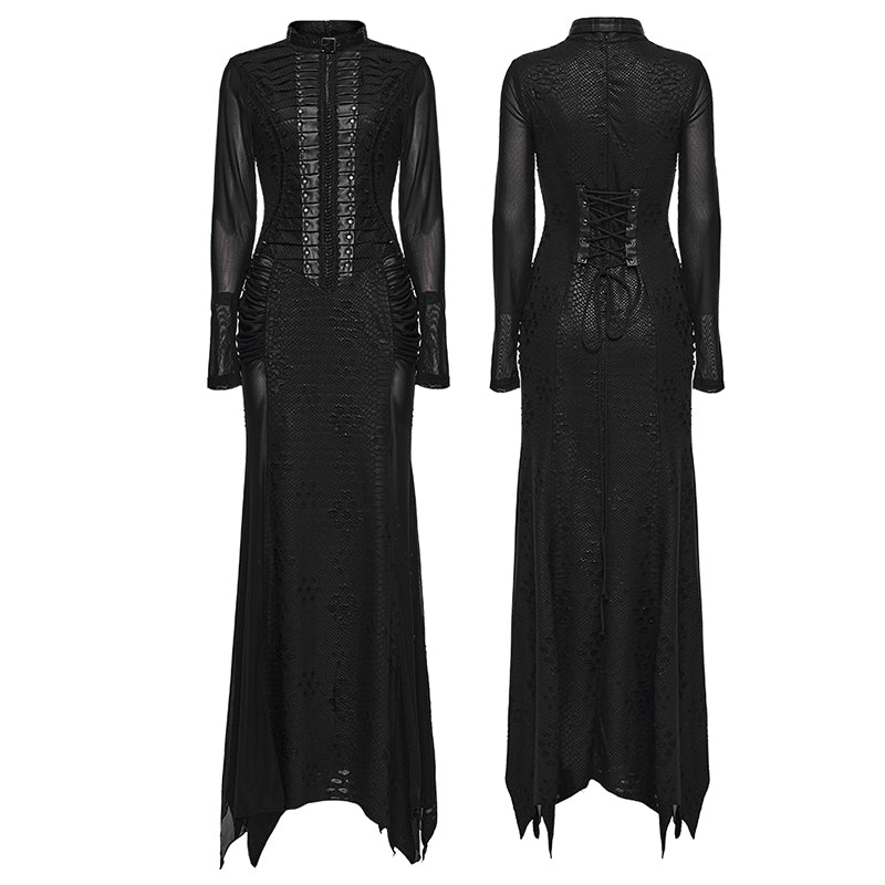 Stylish detailing on the waist of the Punk Rave Seraphine Black Maxi Dress with lace and spike embellishments for a dramatic gothic look.