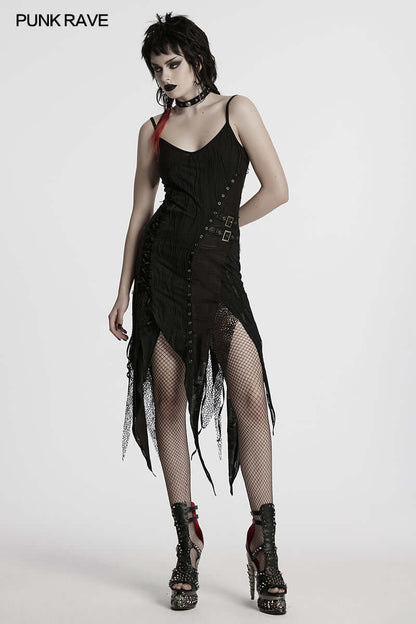Elegant Punk Rave asymmetric honey dress featuring intricate lace straps and luxurious tattered knit fabric, designed to create a dramatic and rebellious silhouette.