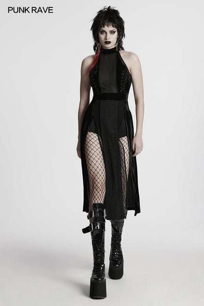 Elegant front view of Punk Rave Selene Black Velvet Mesh High Slit Goth Dress highlighting the seductive thigh-high slit and sheer mesh centre panel.