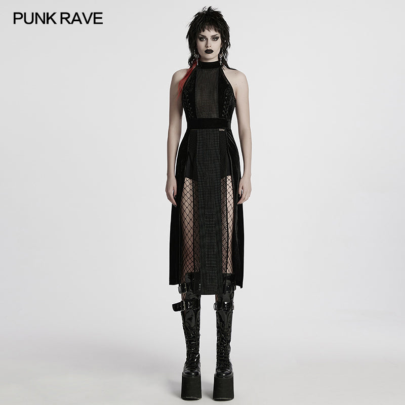 Detailed view of the corset back of the Punk Rave Selene Black Velvet Mesh High Slit Goth Dress, showcasing the lace-up design for a custom fit.