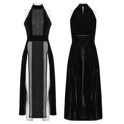 Punk Rave Selene Black Velvet Mesh High Slit Goth Dress featuring a stylish halter neck and intricate bead decorations.