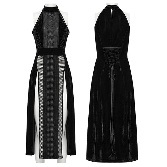 Punk Rave Selene Black Velvet Mesh High Slit Goth Dress featuring a stylish halter neck and intricate bead decorations.