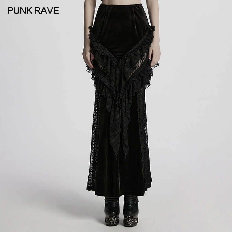 Luxurious black velvet skirt featuring intricate lace detailing and playful mesh ruffles, perfect for gothic fashion enthusiasts.