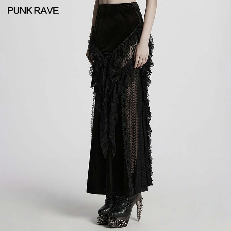 Close-up of the lace stitching on Punk Rave Nera Goth Dynamic Skirt, showcasing its unique craftsmanship and elegant design.