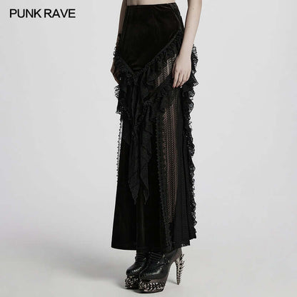 Close-up of the lace stitching on Punk Rave Nera Goth Dynamic Skirt, showcasing its unique craftsmanship and elegant design.
